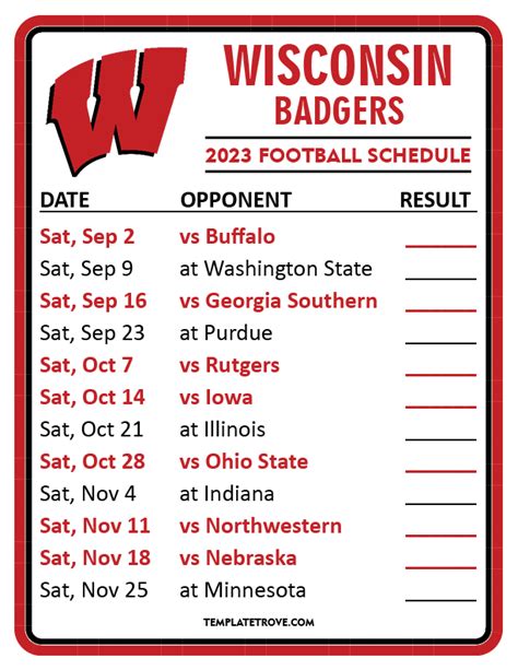 UW plays five home games on Saturday/Sunday, including Marquette (Dec. . Printable wisconsin badgers football schedule